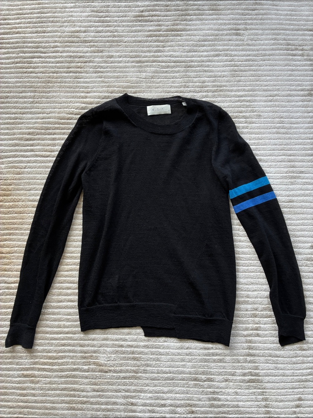 A.L.C. Black Crewneck Sweater with Blue Sleeve Stripes